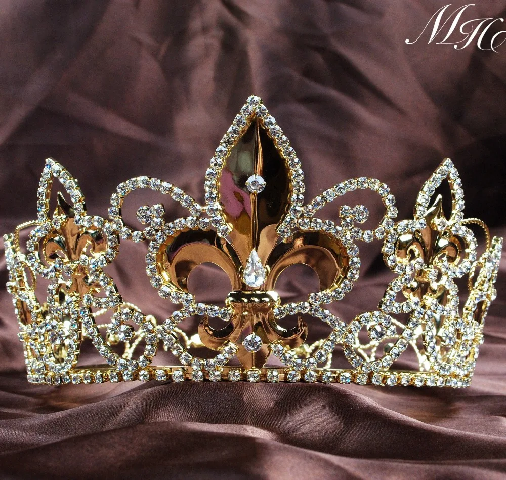 Gold Plating Imperial Medieval Unisex Tiaras Fleur De Lis King / Queen Crown Full Circle Bridal Pageant Costumes Party