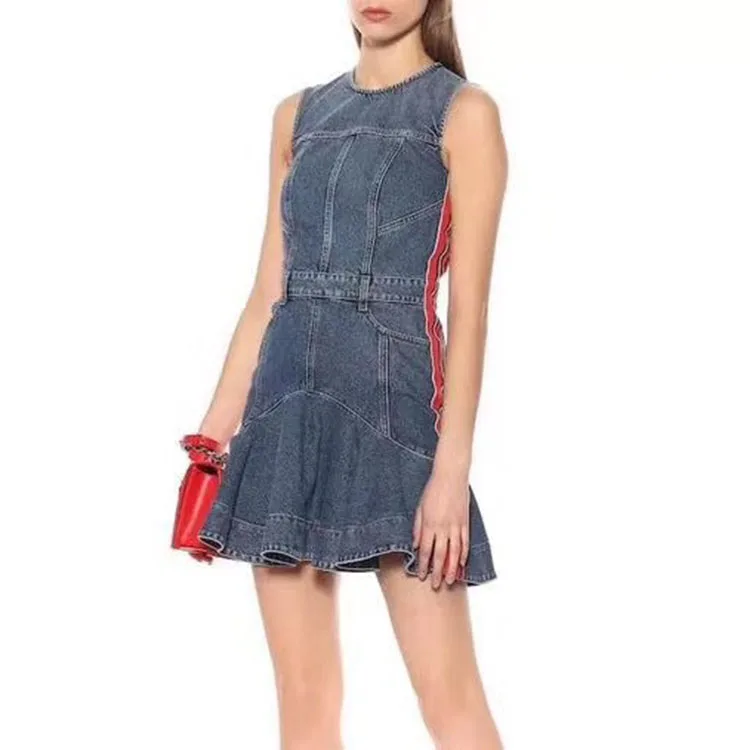 

Aihuyigui summer striped a line slim denim dress runway women ladies sleeveless high waist tank colorful striped With Belt dr279