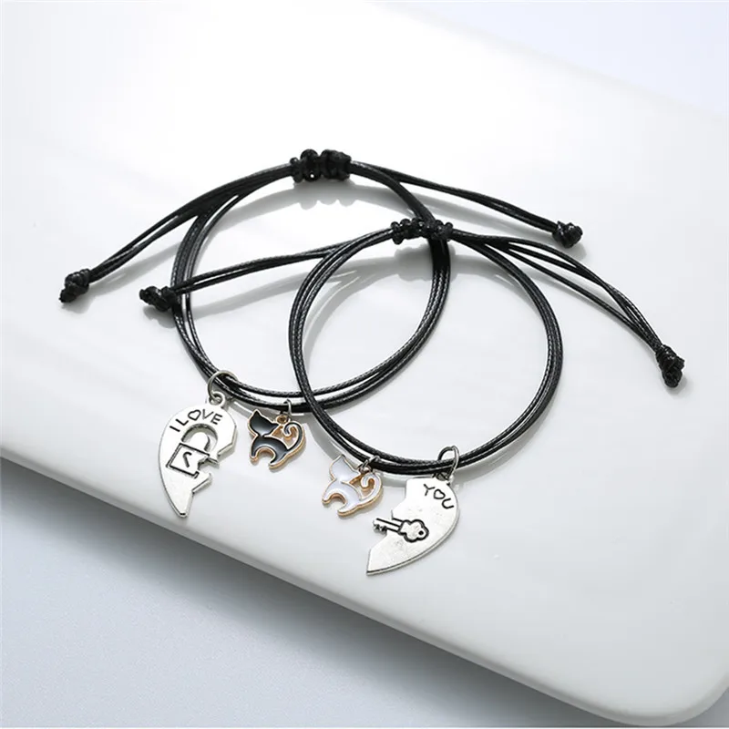 

2 Pcs Heart-Shaped Stitching Bracelet Handmade Lucky Love Black Rope Chain Couple Bracelets Set Lovers Jewelry girlfriend gifts