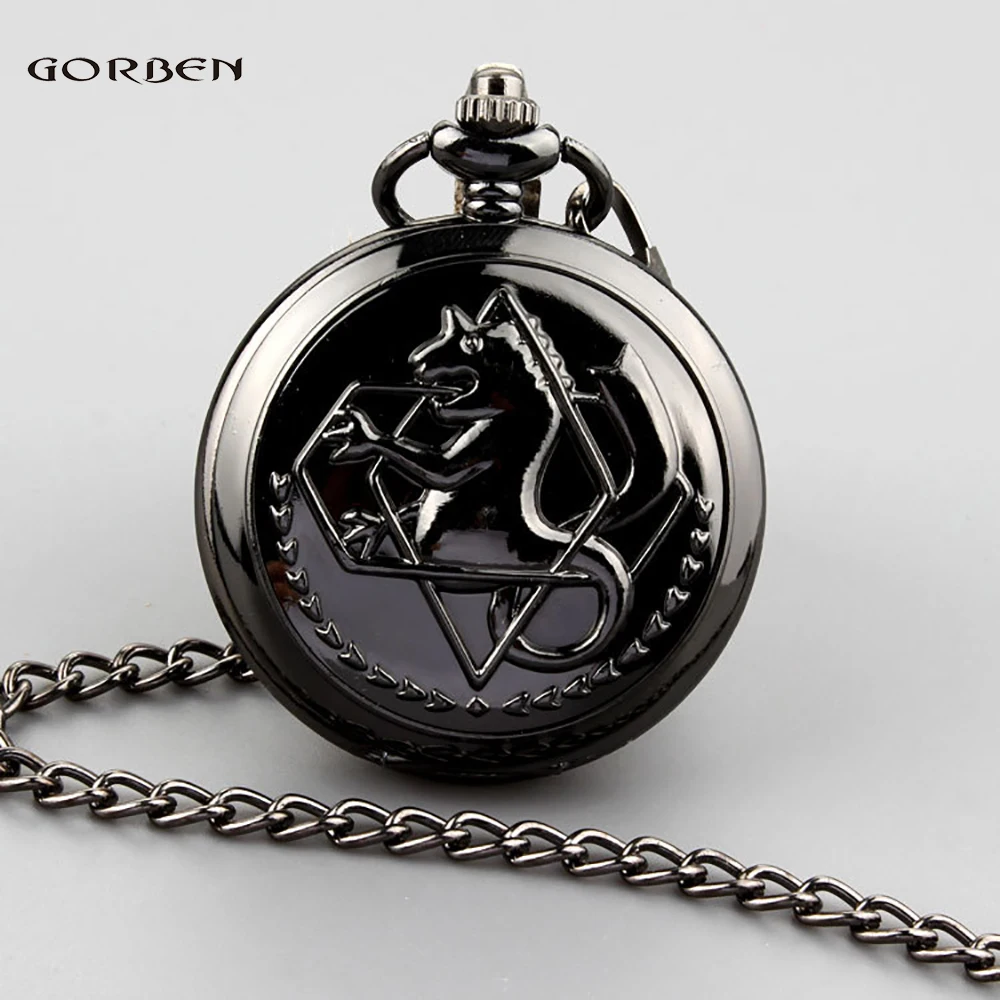 

Retro Black Horse Fullmetal Alchemist Quartz Pocket Watch Necklace Pendant Chain Men Women Best Gifts Relogio de bolso