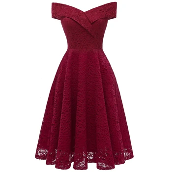 

Dower Me Elegant Slash Neck Lace Dress Fit and Flare Off Shoulder Burgundy Vestidos Wedding Party Sexy Pink Summer Dresses 2018