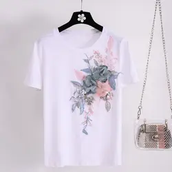2019 летняя футболка женская хлопковая белая с круглым вырезом удобные Цветочные аппликации с коротким рукавом Обычная база Топ thirt Женская