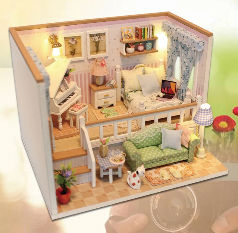 Собрать сделай сам игрушка кукла дом деревянный кукольные домики миниатюрный кукольный домик игрушки с мебель светодиодный свет, подарок на день рождения, M026