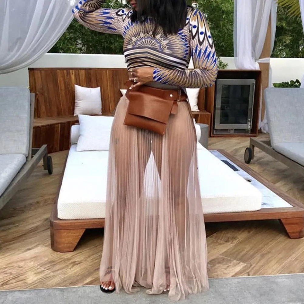 XAKALAKA Womens Casual See Through Sheer Mesh Long Skirt Beach Party Maxi Skirts