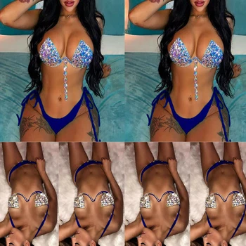 

2PCS Women Sequin Rhinestone Crystal Push-up Bikini Set Swimsuit Ladies Sexy Swimwear Sparkling Pearl Bathing Suit Bikini 2019