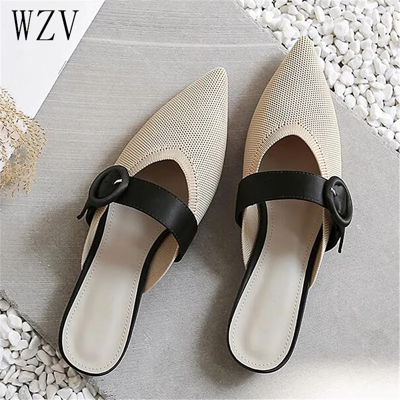 

2019 Summer Square Low Heels Pointed Toe Shoes Woman Knitted Fabric Woman Slippers Girls Slides Sandals Mules Shoes E762