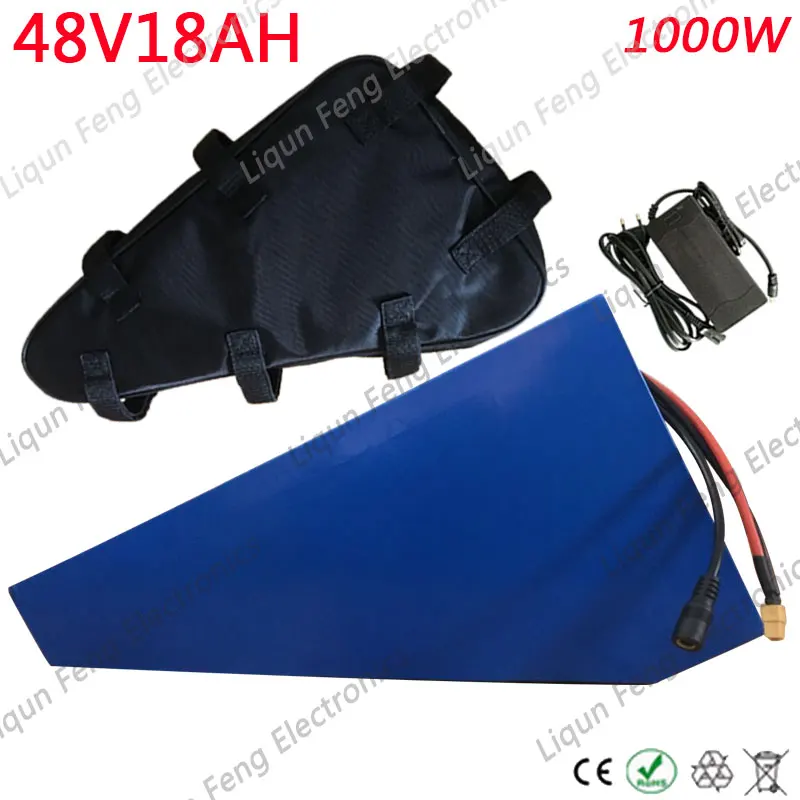 48V 1000W треугольная батарея 48v 18ah батарея для электрического велосипеда 48V 18AH литиевая батарея с 30A BMS и 54,6 V 2A зарядное устройство+ сумка