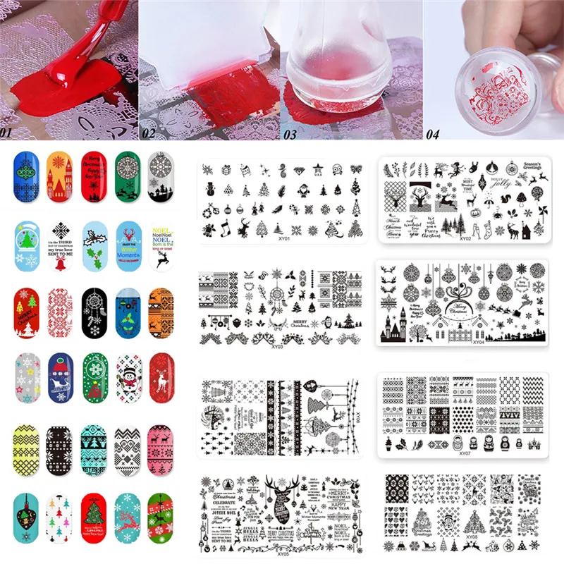 8 видов стилей 12*6 см прямоугольник ногтей штамповки шаблон отрицательный снег хлопья узоры DIY Дизайн ногтя маникюрные инструменты штамп пластины#290772