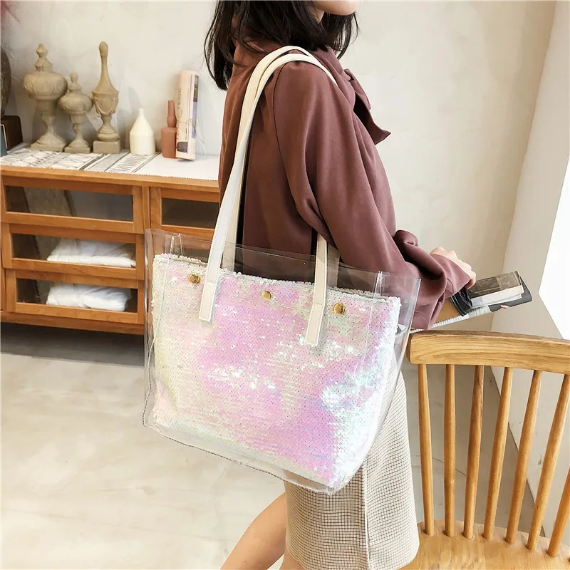 

2019 new Transparent pvc Glitter Women Sequins Shoulder Bag Female Retro Daily Causal Straw Totes Lady Elegant Shopping Handbag