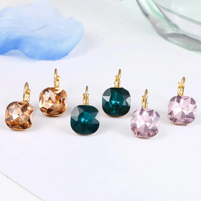 

Fashion Color Gold Square Stud Earrings Pink Red Green Black Austrian Crystal Rhinestone Earring For Women Wedding Jewelry