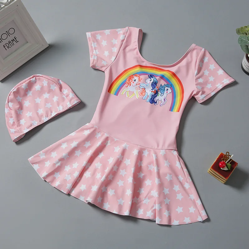 

Girls children swimsuit baby kids cute unicorns rainbow dress swimwear bathing suit bikini cartoon tankini swimsuits swim caps