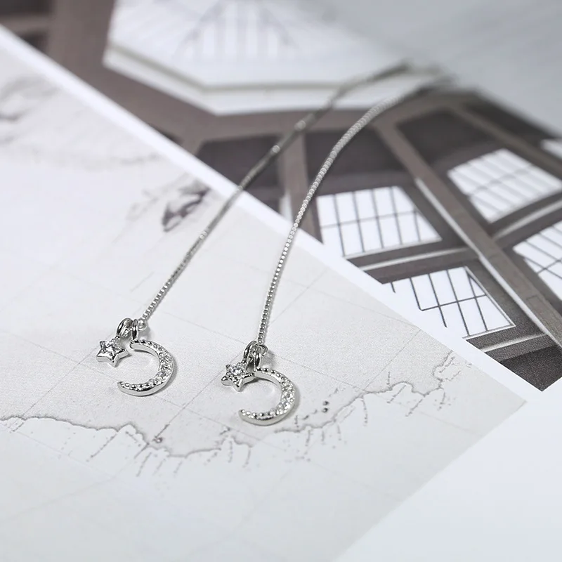 

Sweet CZ Crescent Moon Star 925 Sterling Silver Dangling Earrings