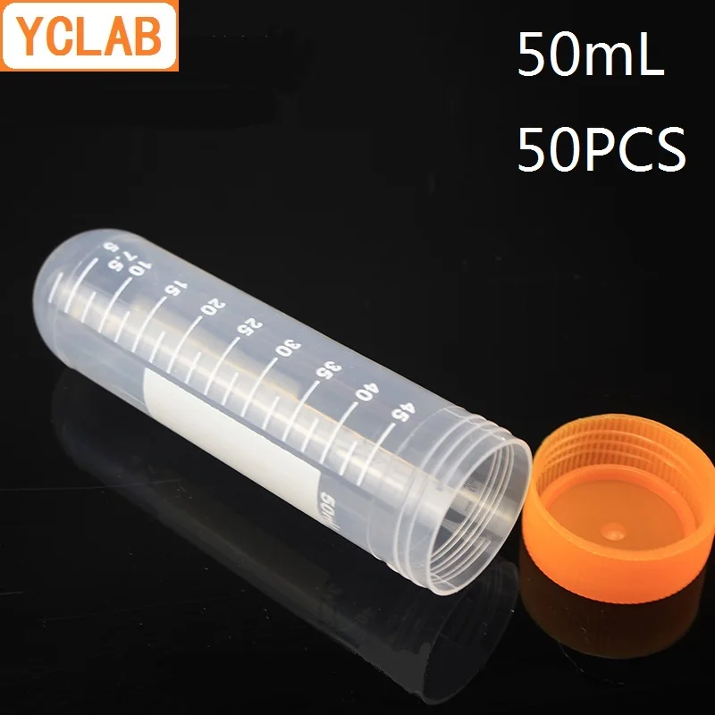 Yclab 50 pcs 50 ml 원심 분리기 튜브 ep 플라스틱 둥근 바닥 나사 입 노란색 뚜껑과 졸업 에틸렌 프로필렌