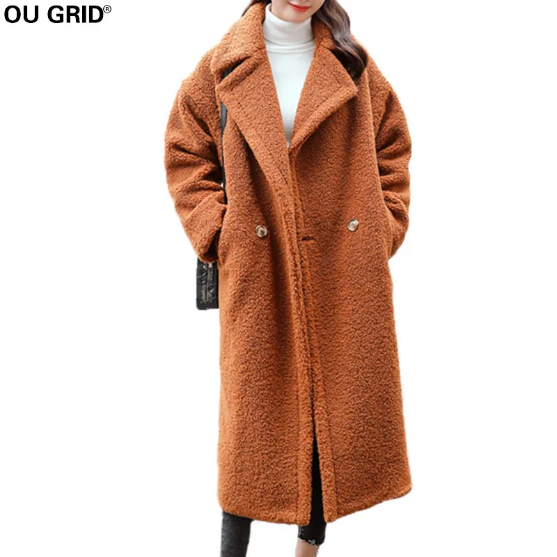 

Artificial wool Coat Women Winter Warm Turn-down Collar Outwear Loose Faux Fur Single Button Long Coat With Pocket New Arrival