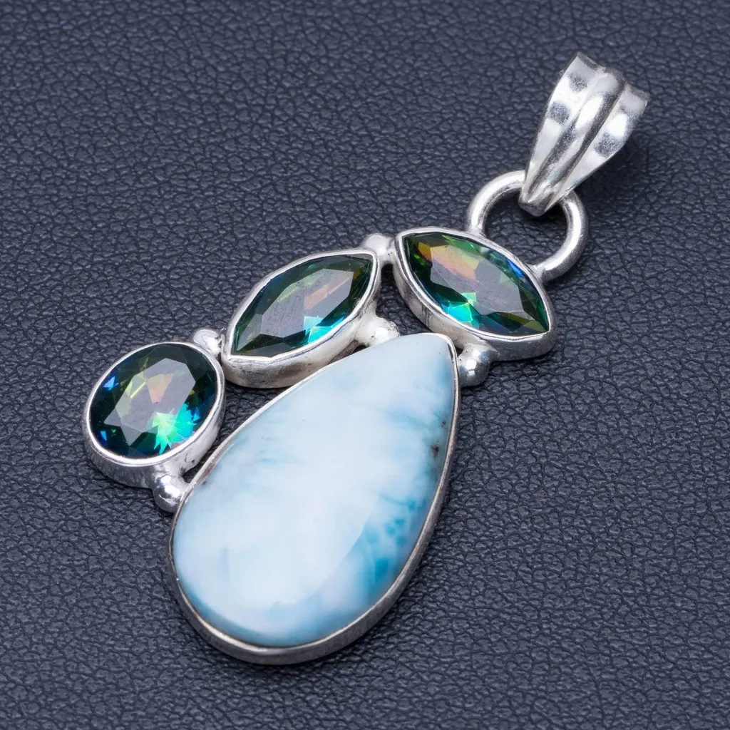 

Natural Caribbean Larimar and Mystical Topaz Punk Style 925 Sterling Silver Pendant 1 3/4" Q0271