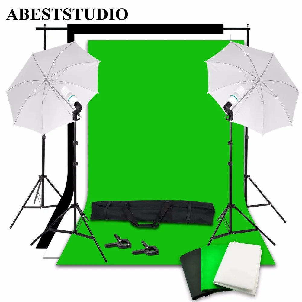 

ABESTSTUDIO photo studio kit hot sell Umbrella Photo Studio kit +1.6x3m Black White Green Backdrop Stand Kit