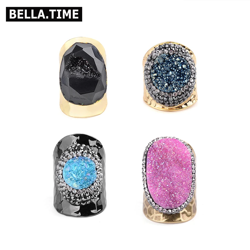 

BELLA.TIME Natural Stone Round Pear Faceted Crystal Druzy Rings For Women Geode Quartz Drusy Gold-color Copper Base Rings RI16