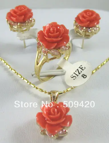 

Hot selling> fast Shipping Wholesale>>>18KGP Pink Rose coral flower Pendant Earring Ring Sets -Bride jewelry free shipping