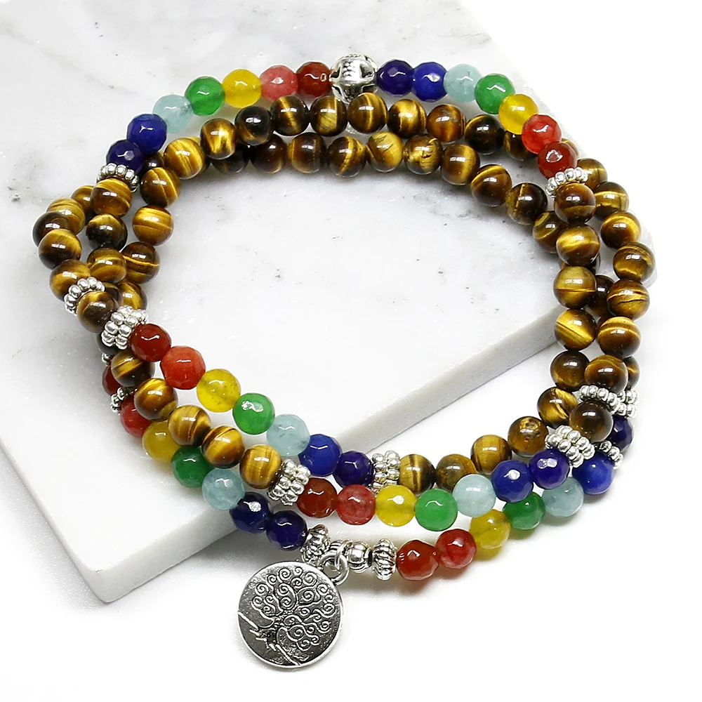 Tree Life 7 Chakra A Tiger Eye Beaded Bracelet Unisex Christmas New Year Gift Mala 108 Buddha Healing Man Stone Beaded Bracelet - Image 2