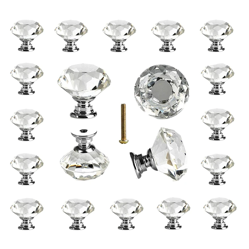 

Quality 25 Pcs Glass Cabinet Knobs Crystal Drawer Pulls Clear 30 Mm Diamond for Kitchen, Bathroom Cabinet, Dresser and Cupboar