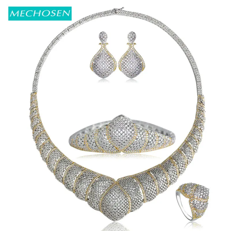 MECHOSEN Luxury Women Bridal Wedding Jewelry Sets Gold Color Sparkling Zirconia Necklace Earrings Ring Bracelet Copper Brincos