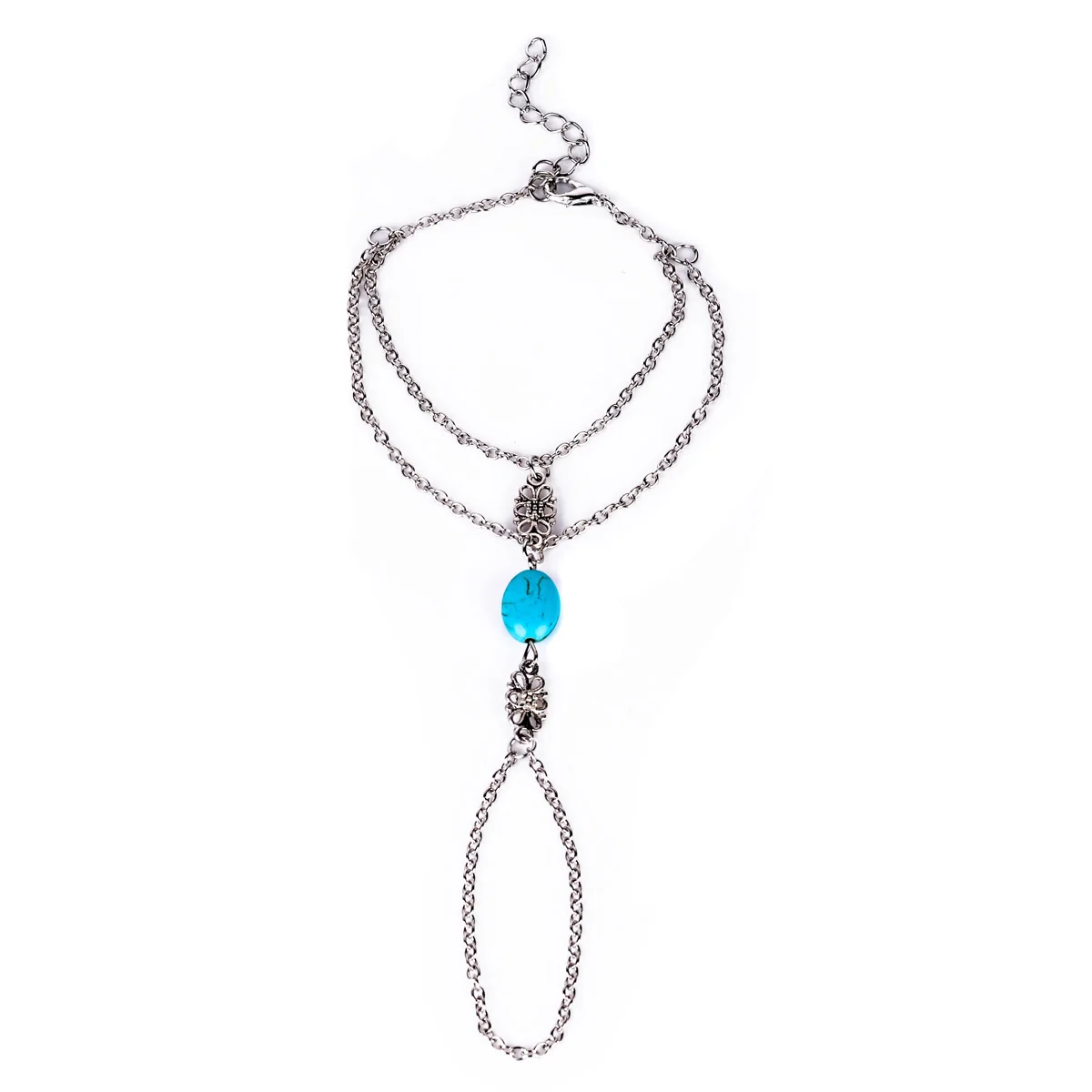 Fashion Chain Bracelet Drop Punk Silver Plated Women Metal Hand Harness Chain Turquoise Beads Slave Finger Ring Boho Jewelry