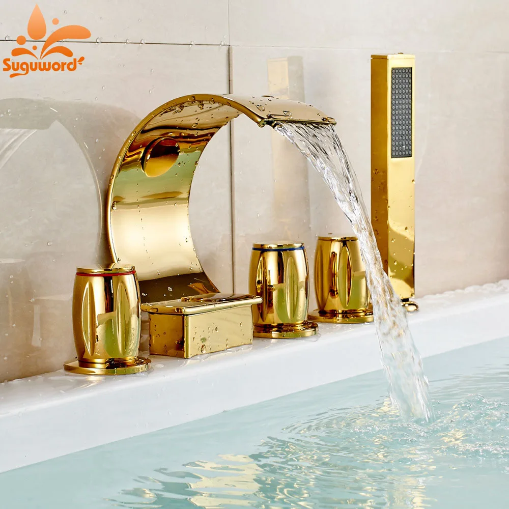Bathroom Waterfall Tub Faucet Gold Finish Mixer Tap with Hand Shower