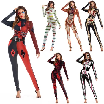 

2018 New 006 Sexy Femme Bodysuit Halloween Skull Harley Quinn Cosplay Printed Playsuit Overalls Tights Fitness Women Jumpsuits