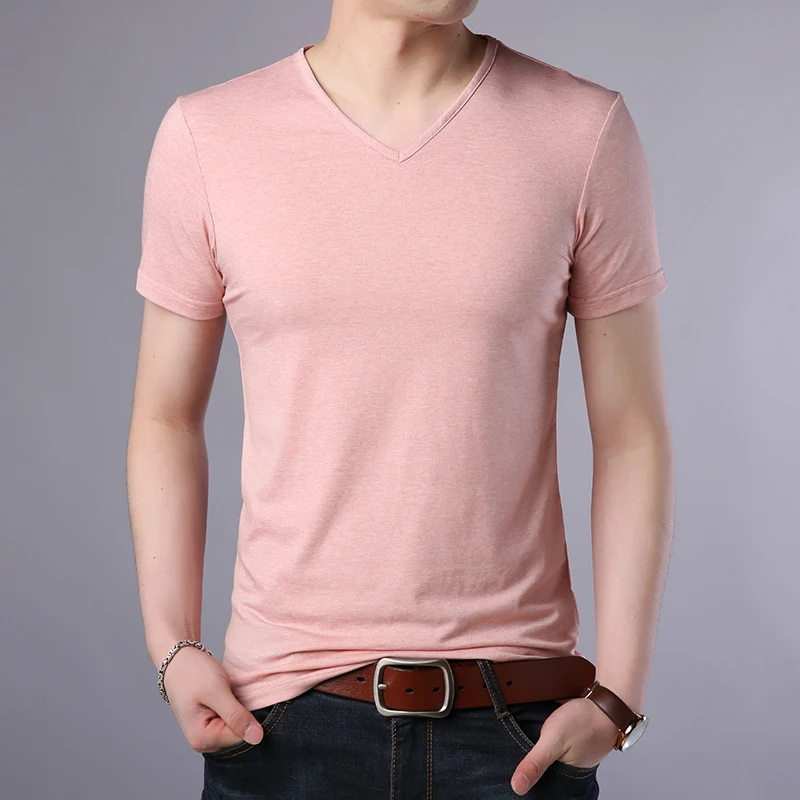 Модная Новая мужская футболка, летние топы с v-образным вырезом, белая футболка, облегающие футболки с коротким рукавом, однотонная повседневная мужская одежда