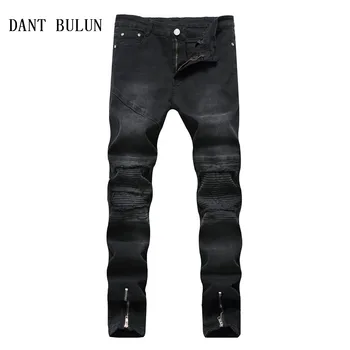 

High Street Men Jeans Hole Distressed Ripped Skinny Biker Jeans Denim Fashion Zipper Hip Hop Elastic Black Pants,1842