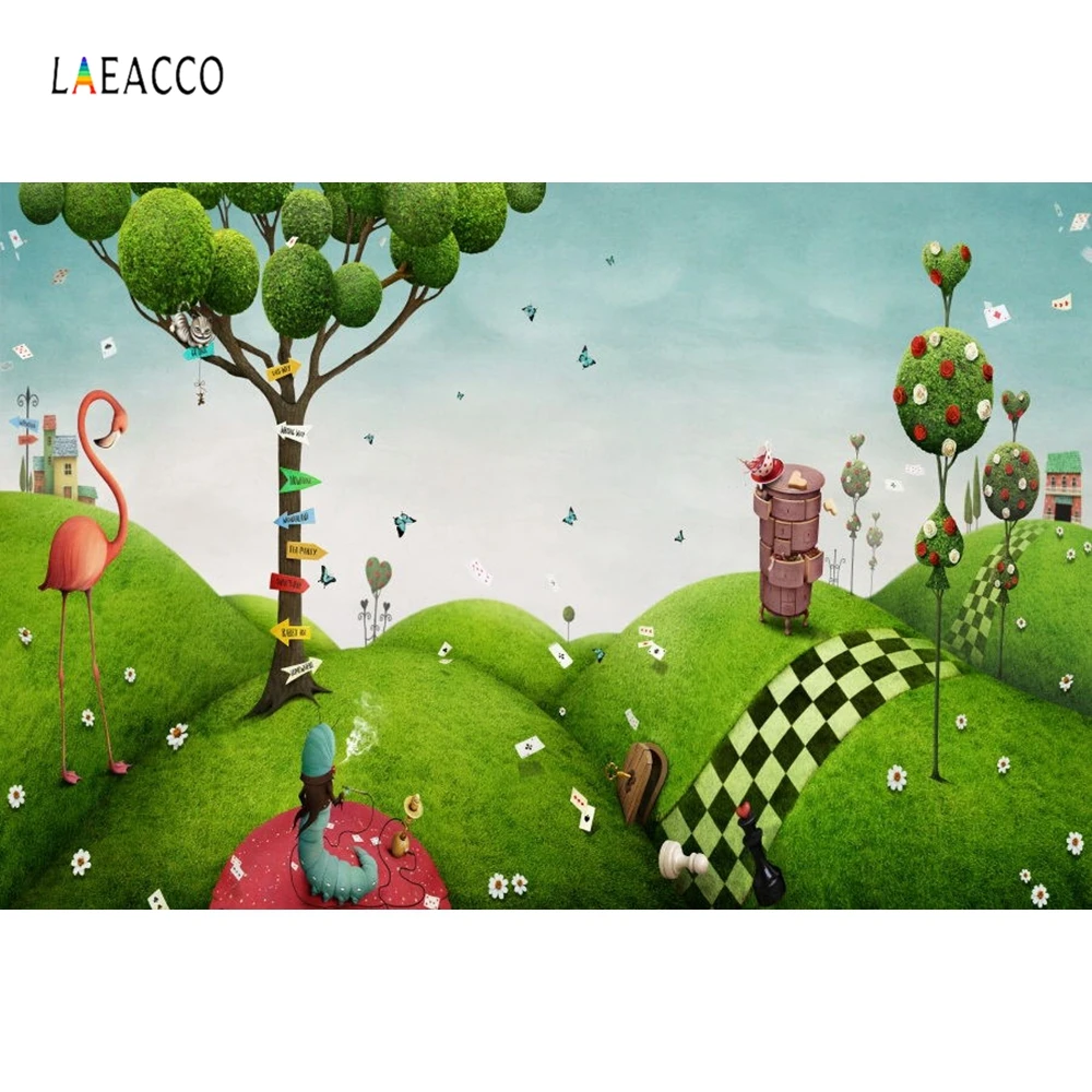 

Laeacco Wonderland Green Garden Flamingo Roadsigns Tree Photography Backgrounds Vinyl Customs Photo Backdrops For Photo Studio