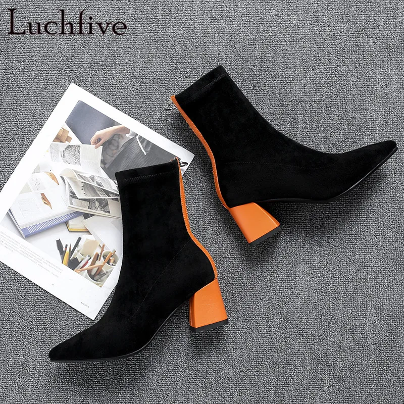 

2018 Newest runway back zipper Botas brown wine red High Heels Shoes Woman Botines Mujer pointed toe Ankle Boots for women