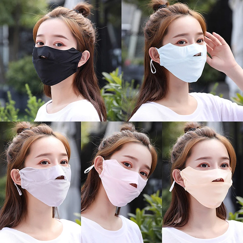 

Unisex Summer Ice Silk Thin Sunscreen Open Nose Mouth Mask Cycling Windproof Solid Color Washable Adjustable Earloop Respirator