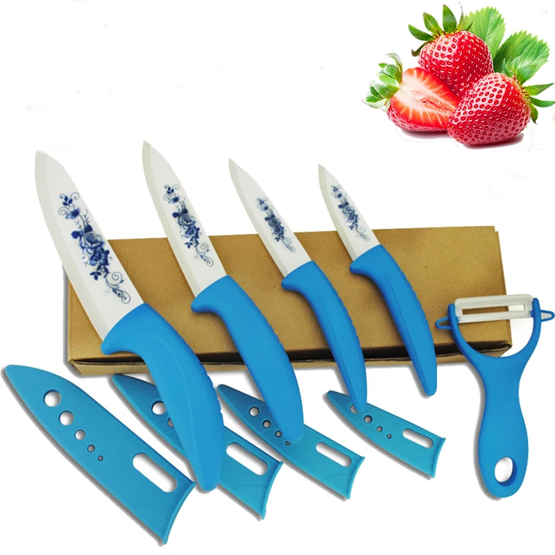 Zirconia Blue Flower Painted Ceramic Fruit Knife Kitchen Set 3" 4" 5" 6