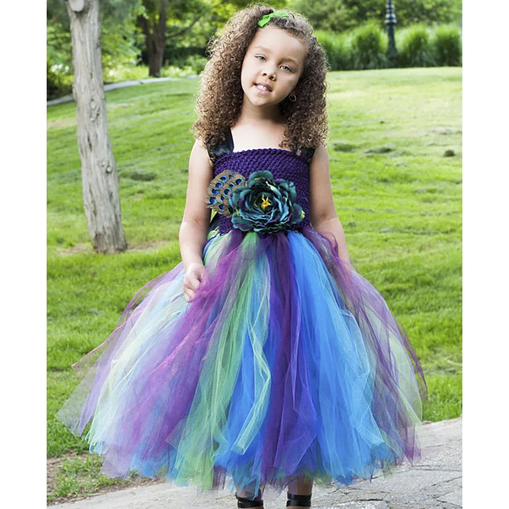 

Gorgeous Peacock Feather Inspired Wedding Tulle Tutu Dress Flower Girl Ribbons Birthday Party Pageant Tutu Dresses Child Outfits
