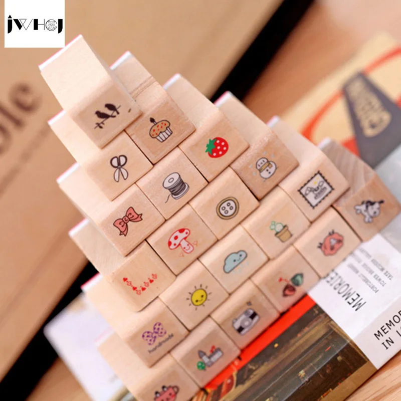 

JWHCJ (21PCS/set) Mini diary stamp wooden rubber stamp wooden gift box sets Kids DIY Scrapbook Photo Album, Arts Crafts gifts