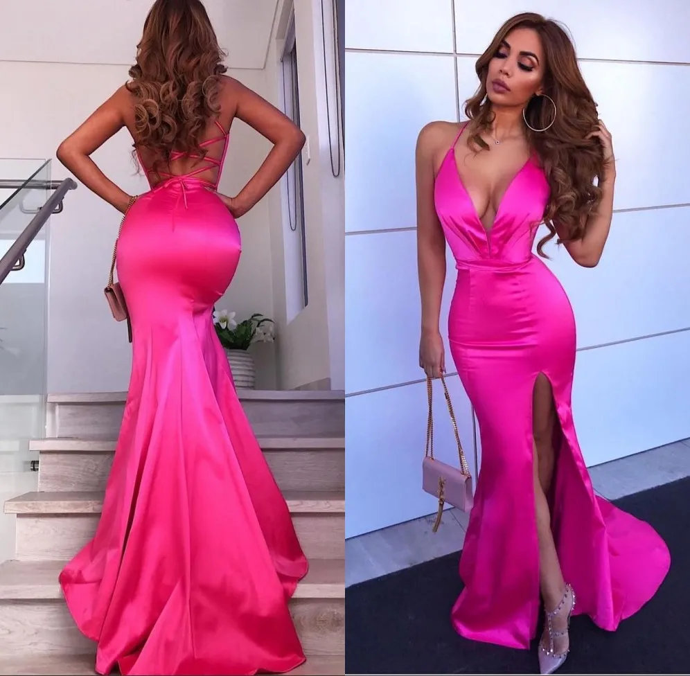

Sexy Halter Mermaid Fuchsia Evening Dresses Long 2019 Arabic Side Slit Cross Strap Back Formal Prom Dress Party Gown