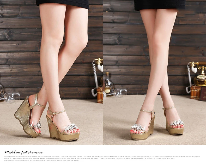 17_2016 New Gold Platform Wedges Sandals Female Summer Sandal Silver Heels Rhinestone Buckle Transparent Casual Shoes For Woman