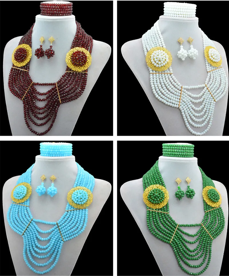 

2016 New Crystal Bead Nigerian Wedding Necklace Bracelet Clip Earrings African Beads Jewelry Set