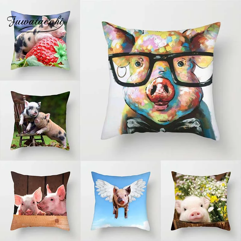 

Fuwatacchi Cute Pig Painted Cushion Cover Painting Animal Throw Pillows Case Sofa Bed Home Decorative Pillowcase 45cm*45cm