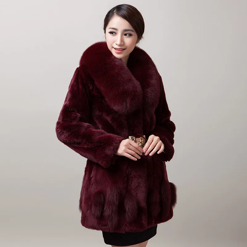 AYUNSUE натуральная Шуба из кролика Рекс роскошная женская куртка с натуральным лисьим меховым воротником пальто Зимняя теплая верхняя одежда размера плюс 5XL YQ823 - Цвет: Wine Red