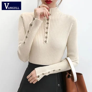 

VANGULL sweater women pullover 2019 new autumn winter thickening slim bottoming Turtleneck sweater versatile button decoration