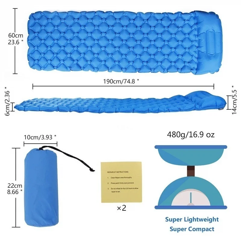 Портативный наружный надувной коврик для кемпинга нейлоновый легкий Сверхлегкий компактный водонепроницаемый воздушный походный коврик