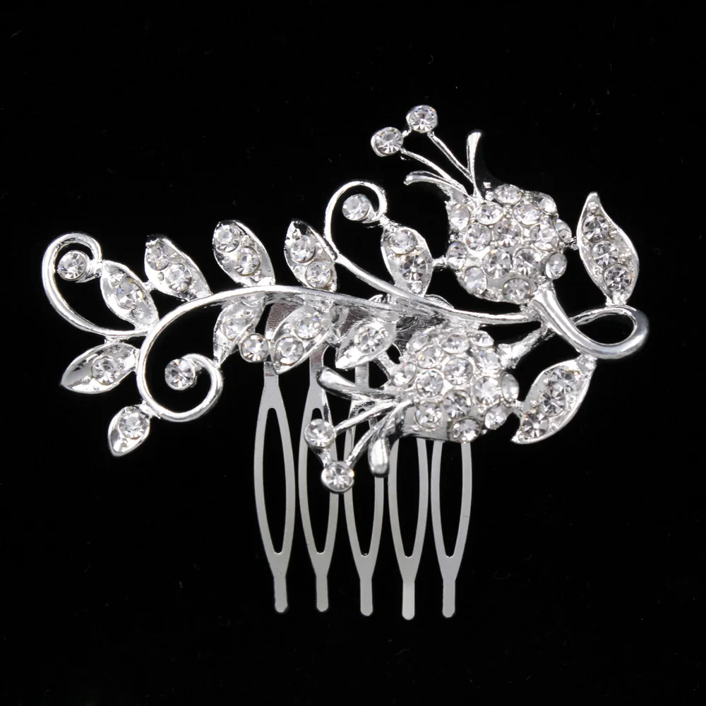 

TREAZY Tulip Flower Design Bridal Crystal Hair Combs Sparkling Silver Plated Hair Pins for Women Wedding Hair Accessories