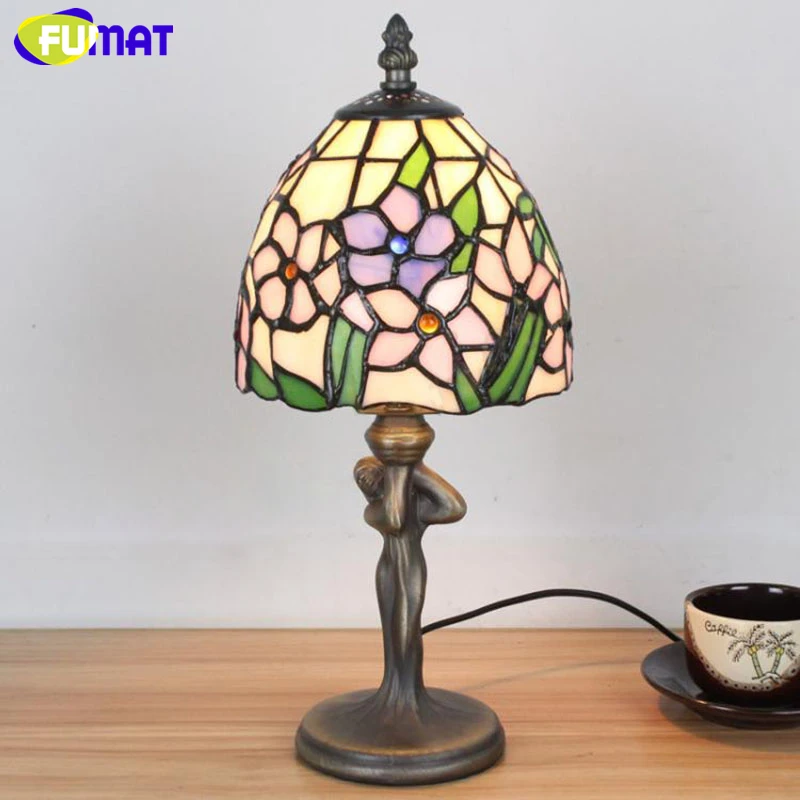FUMAT Tiffany Stained Glass Desk Lamps Girls Gift Grape Rose Dragonfly Pearl Morning Glory Pattern Table Night Lights  28.