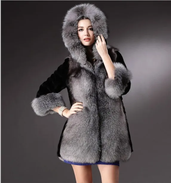 Размера плюс зимняя Для женщин пальто с искусственным мехом Повседневное средней длины из искусственного лисьего меха Меховая куртка верхняя одежда, женская верхняя одежда, теплое пальто с капюшоном 4XL