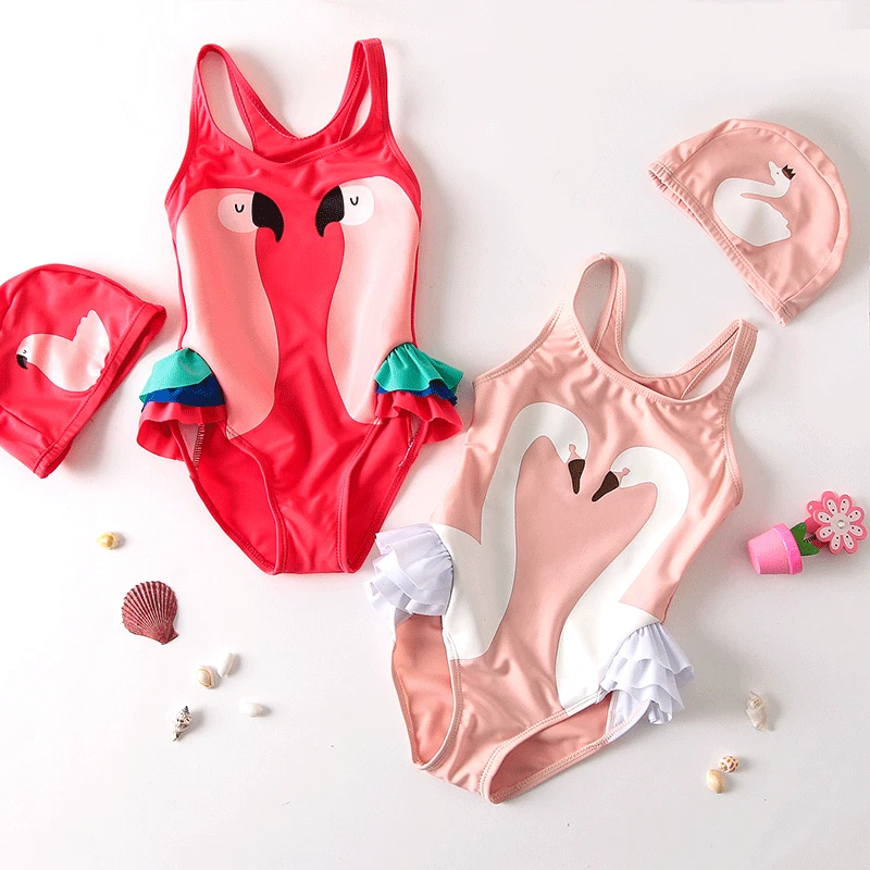 

Toddler Good Quality One piece Girls' Swimwear with cap Cartoon Flamingo Black Swan Baby Lovely Child Beachwear Swim suit 4XL