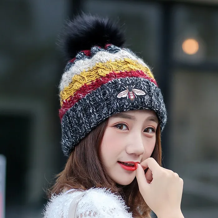 Меховая шапка с помпоном, зимняя шапка для мужчин, Skullies Beanies, женская теплая шапка, эластичная вязаная шапочка, шапки, детские меховые шапки с помпонами - Цвет: color 01