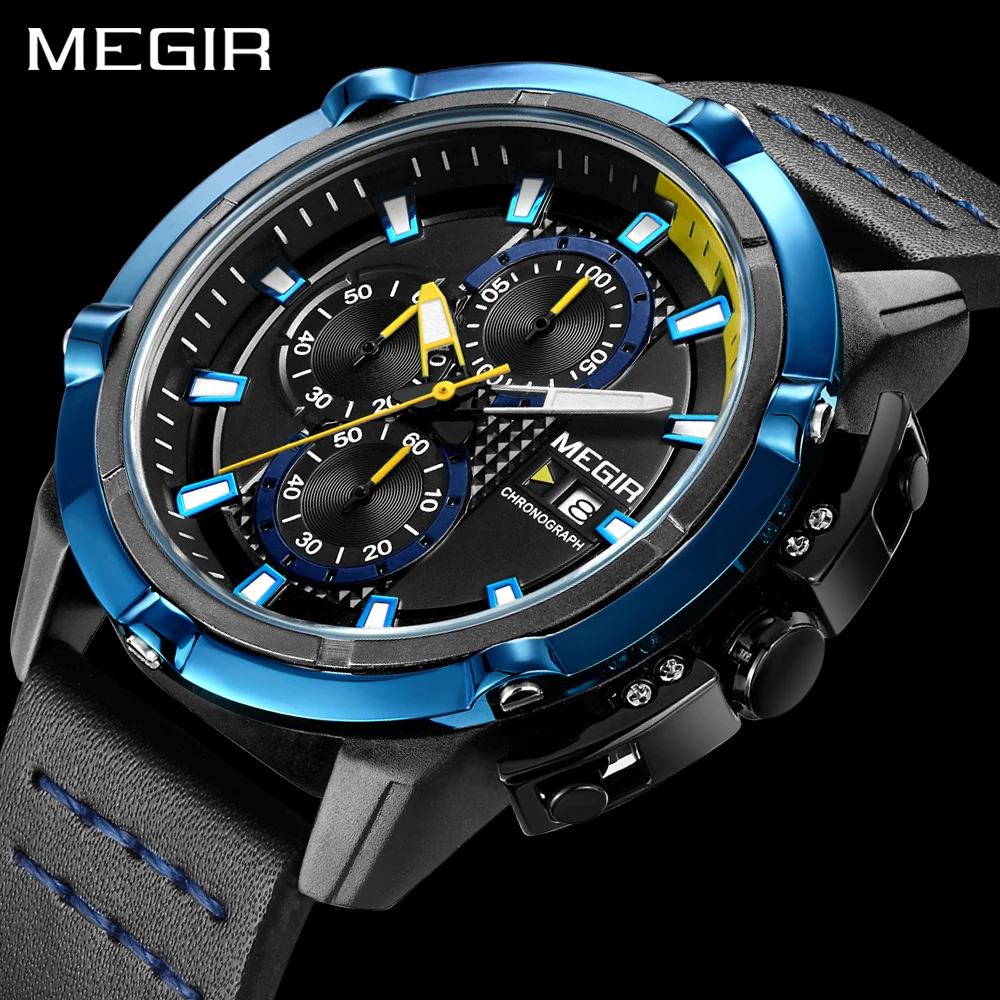 

MEGIR Men Quartz Watch Luxury Brand Army Military Sport Watch For Men Leather Band Chronograph Fashion Wristwatches Clock Man