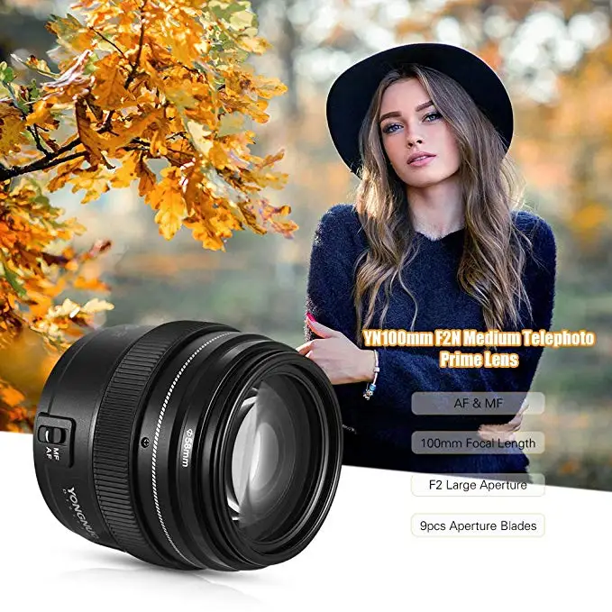 Объектив YONGNUO YN100mm F2N с большой диафрагмой AF/MF средний телеобъектив Prime 100 мм F2